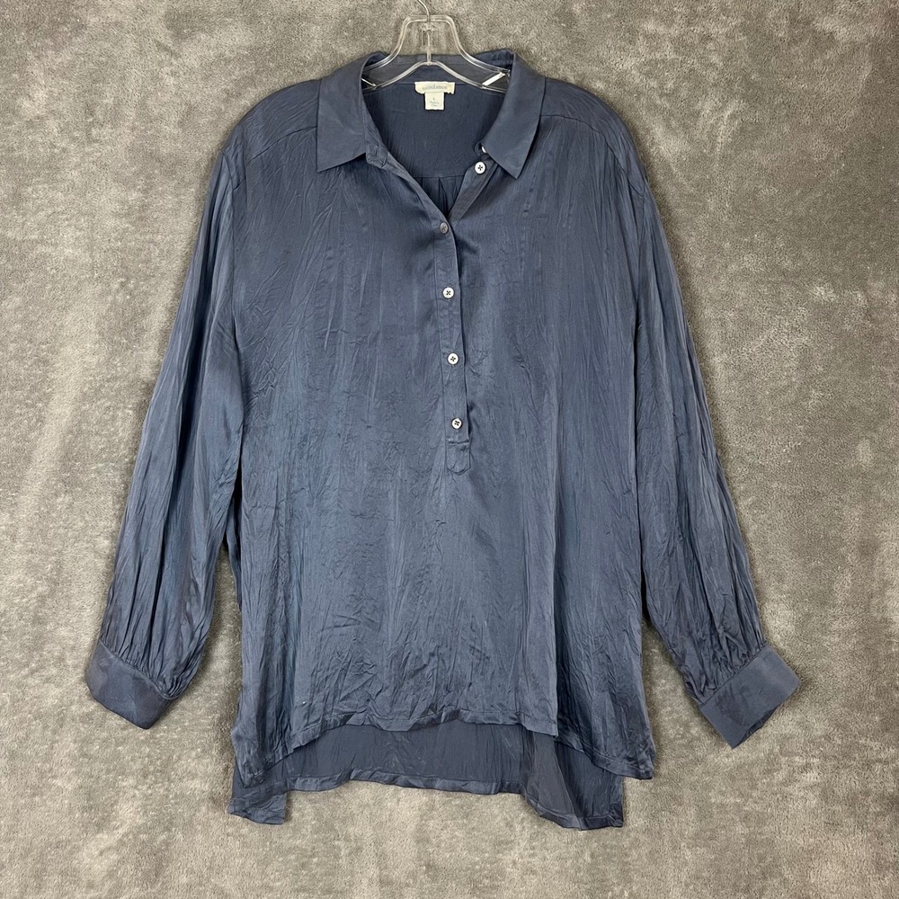 Sundance Button Up Blouse Womens L Blue 100% Silk Crinkle Lightweight